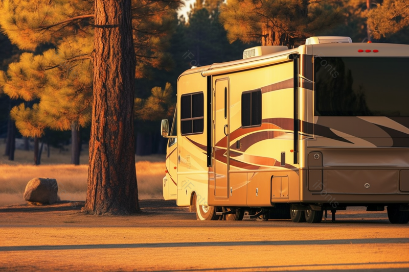 黄昏时房车停泊在森林公园,高清,摄影图,摄影图片,图片大全,摄影图免费下载